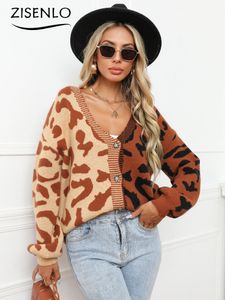 Womens Sweaters Leopard Print Stitching Cardigan Button Sweater Women Knitted Long Sleeve Top 230831