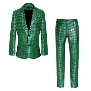 Erkekler Erkekler Erkek Parlak Yeşil Metalik Pullar Pantolonlu Blazer Set İki Parçalı Kıyafet 70s Disko Gece Kulübü Prom Kostüm Homme 4xl