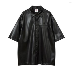 Men's T Shirts Harajuku Pu Leather Letter Embroidery Summer Mens T-shirts Short Sleeve Y2K Lapel Streetwear Oversized Casual Top Tees Black