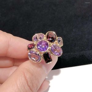 Cluster Rings HH Solid 925 Sterling Silver Red Garnet And Purple Amethyst Gemstones For Female's Birthday's Presents