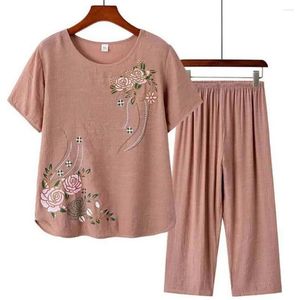 Calças femininas de duas peças verão mulheres manga curta floral impressão solta algodão linho t-shirt top calça de perna larga 2pcs conjunto conjuntos de pantalones