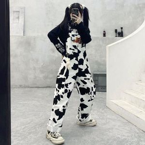 Calças femininas hip-hop macacão hippie vaca impressão macacões streetwear harajuku estampado calças casuais baggy perna larga dos desenhos animados