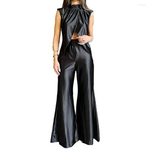 Women's Two Piece Pants Vest Flared Set Elegant Satin Wide Leg For Women Chic O-neck Outfit With Irregular Split Hem High