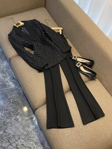 2023 Autumn Black Hot Drilling Two Piece Pants Sets Long Sleeve Notched-Lapel Single-Breasted Blazers Top & Flare Trousers Pants Suits Set 2 Piece Suits O3G302643