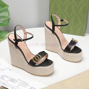 High Heels Designer Straw Weaving Wedge Platform Casual Shoes Slope Root Sandals Ankle Strap Open Toe Calfskin Slip-On Flats Women High Heel Fashion Leisure Sneakers