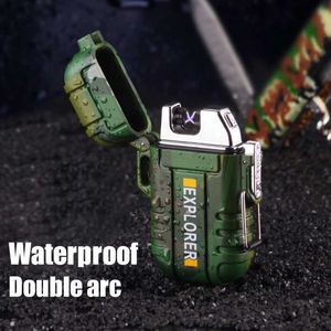 Waterproof Plasma USB Lighter Outdoor Camping Sports Windproof Double Arc Smoking Accessories Gadgets For Men 3QK0