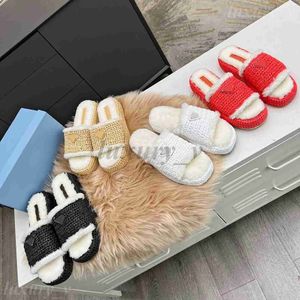 Women Slippers Designer Knitted Raffia Slipper Straw Woven Rope Slides Platform Fur Sandals Slip-on Flats Women Wool Flats