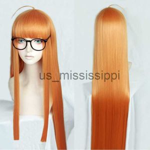 Cosplay perukları persona 5 futaba sakura cosplay peruk gözlükleri p5 100cm uzunluğunda düz narenciye turuncu ısıya dayanıklı saç perukları peruk kapağı x0901
