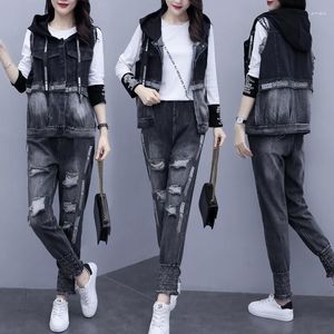 Calças femininas de duas peças europeias 2023 primavera moda mulheres usam bomba rua reduzir idade mostrar slim denim e conjunto elegante de três peças