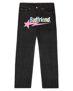 Mens Jeans Harajuku Fashion Punk Rock Wide Foot Trousers Streetwear Y2k Hip Hop Badfriend Letter Printing Baggy Black Pants 230831