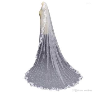 Veli da sposa Avvolgimenti con pettini Uno strato Bordo in pizzo Appliqued Lunghezza super lunga Abito Coda Velo Amitto di lusso Custom Made Women