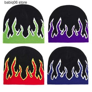 Beanie/Skull Caps Winter Outdoor Warm Needle Sticke Cap Flame Pattern Wool Hat Street Skull Hat Anti -Cold Cotton Hat Hip -Hop Bonnet Caps T230731