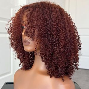 Marrom avermelhado cheveux humain peruca de cabelo cobre vermelho 4a 3c afro kinky encaracolado peruca com franja máquina brasileira feita bang peruca cabelo humano