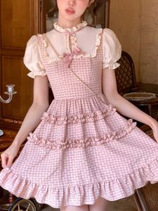 Pembe Ekose Lolita Kawaii Mini Dres Puff Kollu Kore Tatlı Parti Elbise Dantel Fransa Zarif Sahte İki Yaz Yeni 230808