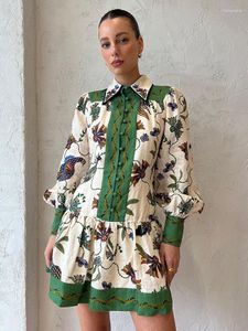 Casual Dresses Peacock Flower Printed Mini Pleated Dress Women Long Lantern Sleeve Single Breasted Fashion Holiday Summer Loose Robe