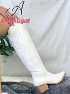 Boots Dropship Cowboy Cowgirls Western White Knee High Women Big Size 41 Comfy Walking Stacked Heeled Vintage Shoes 230831