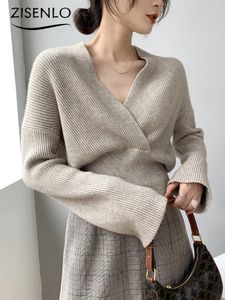 Women Swery Sweter kobiety jesienne leniwe wiatr Vneck Cross Slim Solid Kolor Pullover Knitted Knitwears Długie rękaw 230831