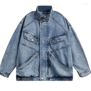 Männer Jacken Strukturelle Spleißen Stark Gewaschen Retro Denim Jacke Lose Stehkragen Cargo Jeans Mantel Streetwear Top Männlich