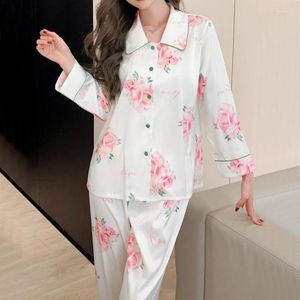 Women's Sleepwear Womens 2pcs Pyjamas Set Summer Rayon Pajamas Suit Print Long Sleeve Shirt&pants Intimate Lingerie Casual Home Clothes