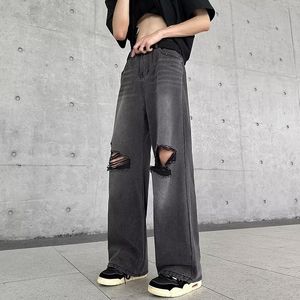 Mens Jeans Korean Fashion Baggy Classic AllMatch Solid Color Straightleg Denim Wideleg Pants Mane Trousers B141 230831