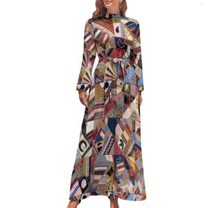 Lässige Kleider, Patchwork-Quiltkleid, hohe Taille, abstrakter Vintage-Druck, Grafik, Böhmen, lange Ärmel, Maxi, sexy Kleidung