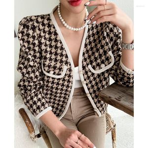Women's Jackets Long Sleeved Short V-neck Vintage Black Houndstooth Jacket Chaqueta Mujer Y2k 2023 Spring Autum Clothes Woolen Coat Blazers