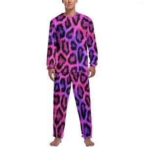 Mäns sömnkläder Två ton pyjamas cheetah tryck man långärmad söt pyjama sätter 2 stycken avslappnad höstmönster gåva