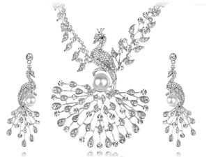 Pendant Necklaces Womens Silvery Tone Clear Rhinestones Faux Pearl Peacock Bird Necklace Earrings Set