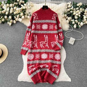 Casual Dresses Autumn Winter Loose Fit Knitted Dress For Women Floral Pattern Stand Collar Long Sleeve Warm Thick Pullover Sweater