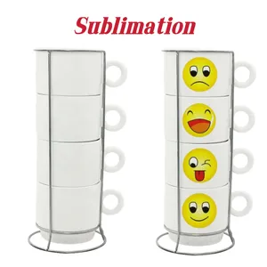 Sublimations-Kaffeetassen-Set, 4 Stück, 8 Unzen, leere, stapelbare Kaffeetassen mit Metallgestell, stapelbare Cappuccino-Tassen aus Porzellan für Kaffee-Ups