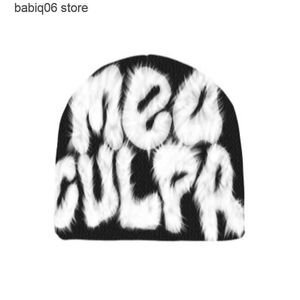 Beanie / Skull Caps Kpop Knit Hat Homens Mulheres Qualidade Rabbit Fur Cap Quente Estético Moda Cem Tomar Lã Chapéu Ins Net Red Design Harajuku Beanie T2309