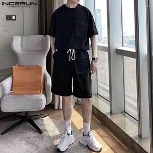 Chándales para hombres INCERUN 2023 Estilo coreano Conjuntos para hombres Casual Sólido Manga corta Camiseta Pantalones cortos Elegante Hombre Parche Diseño de bolsillo Traje 2 piezas