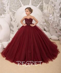 Girl Dresses Flower Ball Gown Kids Dark Burgundy Pageant Dress Special Ocassion Birthday Party Girls Aged 6-14 Years