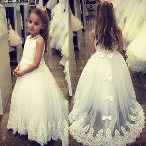 Vestidos de menina jóia uma linha princesa flor meninas sem mangas até o chão apliques laço arco tule concurso aniversário natal