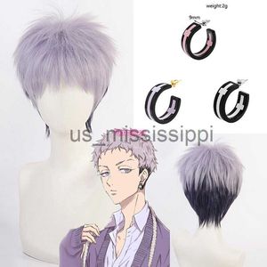 Parrucche Cosplay Anime Tokyo Revengers Parrucca Cosplay con orecchini Takashi Mitsuya Cosplay Parrucca corta grigia viola Ombre Parrucca per capelli Cosplay un berretto per parrucca x0901