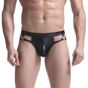 Men's G-Strings Summer mens underwear appeal underwear men PU patent leather briefs sexy open crotch exposed PP hollow metal 205E