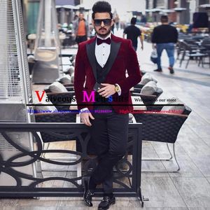 Men's Suits Burgundy Velvet Men Slim Wedding Suit For 3 Piece England Style Prom Dinner Groomsmen Tuxedo Fashion Jacket Pants Vest