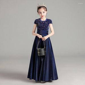 Abiti da ragazza Blu navy Elegante O-Collo Lunghezza pavimento Maniche corte Semplice Raso Bambini Festa Comunione Per Matrimoni A2193