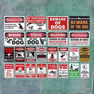 Warning Dog Metal Poster Beawre Of The Dog Tin Sign Garden Outdoor Kennel Wall Decor Plate Retro Warning Hanging Signs Garage Home Man Cave Painting Size 30X20CM w01