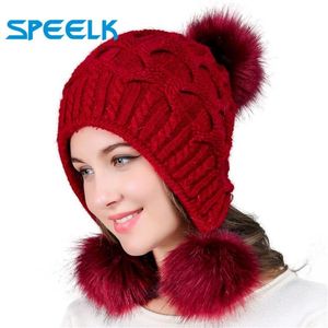 Beanie Kafatası Kapakları Kadın Şapkalar Sonbahar Kış Yün Beanies Şapka Üç Saç Topu Arka Açık Örgü Çift Kalın Kürk Bonnet Beanie Cap307K