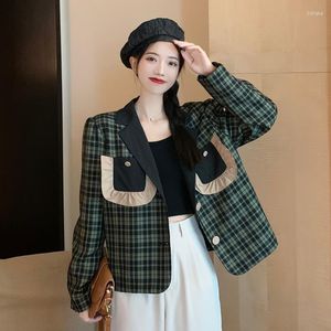 Women's Jackets Vintage Loose Female Outerwear Green Plaid Patchwork Suit Single Breasted Women Spring Autumn Casual Jacket