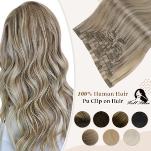 Spetsspår full shine pu clip hår remy mänskligt hår 100 g sömlöst osynligt klipp i mänskligt hår balayage färg blond 230901