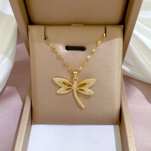 Pendant Necklaces 12pcs/lot Stainless Steel Gold Color Zircon Dragonfly Chain Necklace For Women Party Fashion Jewelry Gift Wholesale