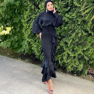 Etniska kläder Abaya Dubai Turkiet Eid Muslim Satin Blouse Tops Ruffle kjolar för kvinnor eleganta islamiska arabiska fasta kläder parti kaftan