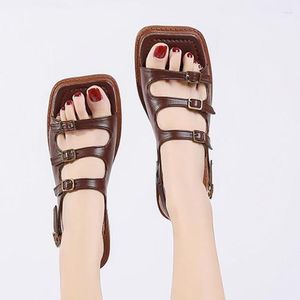 Sandals Women's Vintage Summer Open Toe Flats Slippers For Women Sexy High Quality Outside Girls Rome Buckle 2023