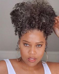 Natural grey human hair ponytail extension afro kinky curly puff bun drawstring clip in pony tail extension salt and pepper african hairstyle 120g