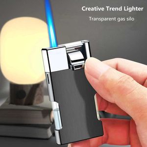 Creative Windproof Direct Blue Flame Lever Press Ignition Visible Bunker Butane No Gas Lighter Smoking Accessories Gadgets For Men AVM5