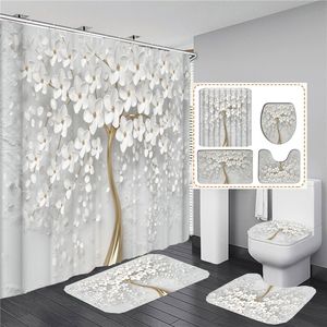 Duschgardiner elegant bukett av fantastiska vita blommor 3D -stil duschgardin badrum gardin med badmatta matta set blommig heminredning 230831