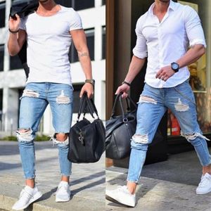 Men's Denim Pant Stretch Destroyed Ripped Design Fashion Ankle Pants Zipper Skinny Jeans For Men Plus Size Jeans317A