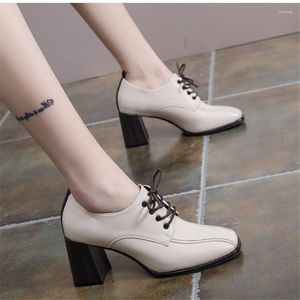 Dress Shoes 2023 Spring INS High Heels Women's British Style Square Headed Thick Small Leather Fashion Lace Up Single
